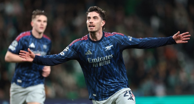 Arsenals German Midfielder 29 Kai Havertz Celebrates After Scoring During The Uefa Champions League Quarter Final First Leg Football Match